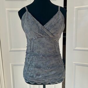 White House Black Market Grey Top with Silver Embroidery Size M